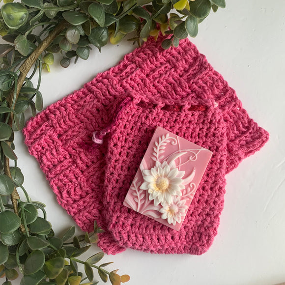 Crochet Soap Saver Washcloth Pouch- Handmade & 100% Cotton- Raspberry Pink